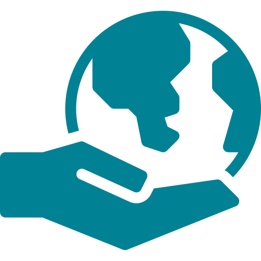 Blue silhouette of a hand holding a globe.