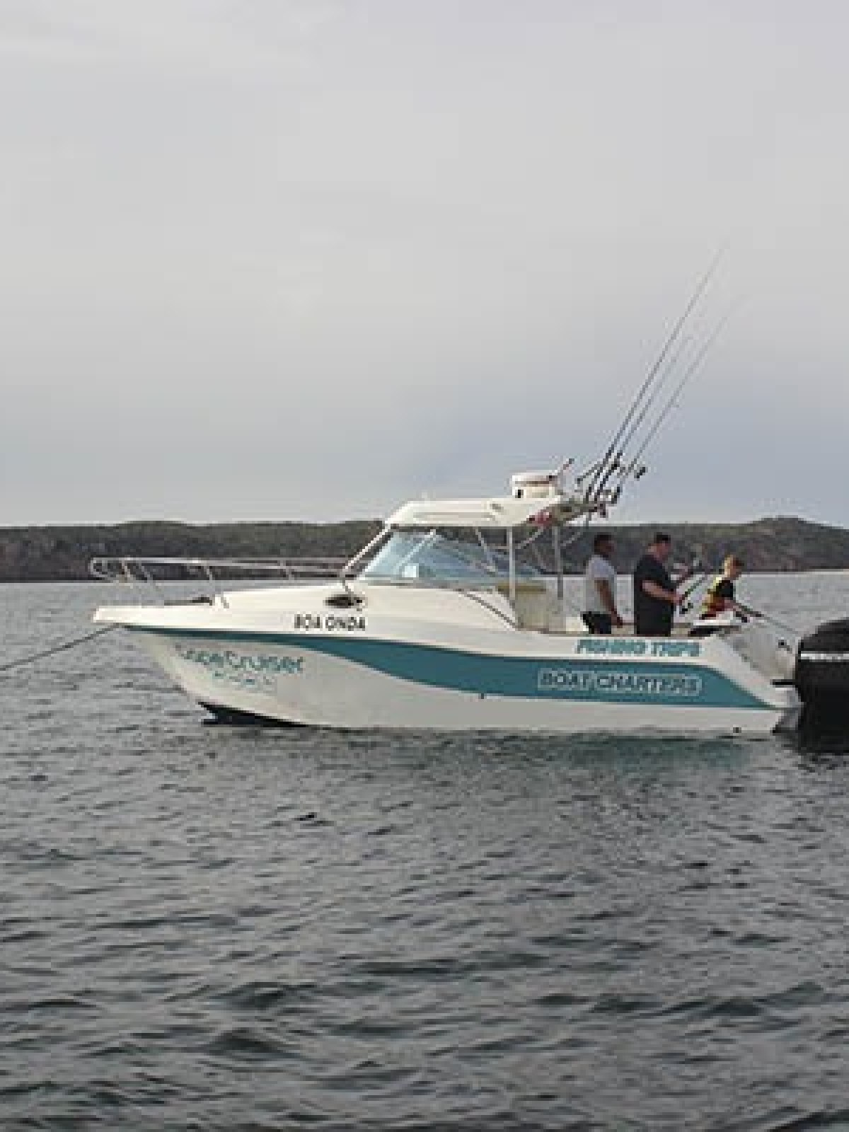 Motorboat on the water with people on board, fishing rods, and distant coastline.