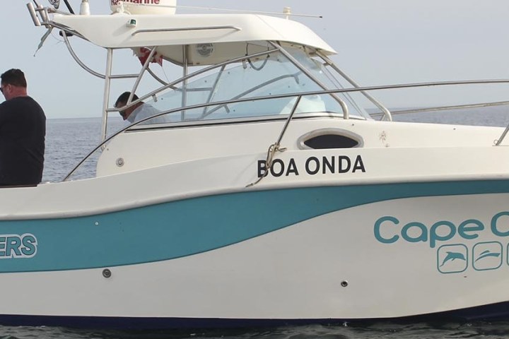 Fishing boat with two people fishing and 'Cape Cruiser' logo on the side, on open water.